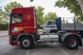 red tractor head truck, Pegaso Troner 370 24V 1237 40 TR Turbo Intercooler parked on the street