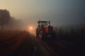 red tractor with headlights on at dawn foggy field. fog at sunrise, Generative AI Royalty Free Stock Photo