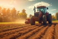 red tractor planting new crops on the field. bright and sunny summer day. Generative AI Royalty Free Stock Photo