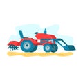 Red tractor plowing field plow attached, farm machinery agriculture. Farming equipment field work Royalty Free Stock Photo