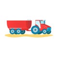 Red tractor pulling trailer field. Cartoon style farm vehicle large trailer vector