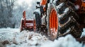 Red tractor with a snow plow attachment working on snow removal on a road