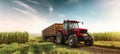 The red tractor towing a trailer through a vibrant cornfield at sunset. AI generated image Royalty Free Stock Photo