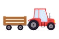 Red tractor with trailer, agriculture equipment in cartoon style isolated on white background. Country vehicle, harvest Royalty Free Stock Photo