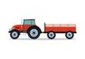 Red tractor with a trailer for transportation of large loads. Agricultural machinery in flat cartoon style Royalty Free Stock Photo