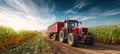 The red tractor transporting harvested corn through a scenic rural landscape. AI generated image Royalty Free Stock Photo