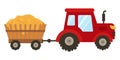Red tractor with wooden trailer with straw, agricultural equipment in cartoon style isolated on white background Royalty Free Stock Photo