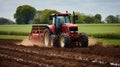 Red tractor working on a field in the Netherlands. AI Generative Royalty Free Stock Photo