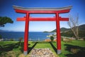 Red traditional Japanese gate torii with blue sea and mountains Royalty Free Stock Photo