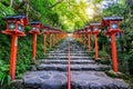 The red traditional light pole at Kifune shrine, Kyoto in Japan