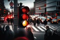 red traffic light at busy intersection, with the view of blurred cars and people rushing past