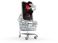 Red traffic light character inside shopping cart