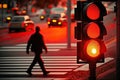 red traffic light illuminated, with person crossing the street