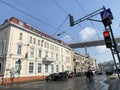 Vladivostok, Russia, February, 29,2020. Red traffic light next to the historic building-the former city Council. 57 Svetlanskaya s