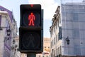 Red traffic light for pedestrian in Lisbon city, Portugal.