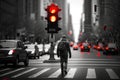 red traffic light, with person crossing the street, in bustling city