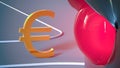 Red traffic light prohibits the movement of the gilded euro symbol. Close-up. Finance concept.