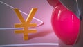 Red traffic light prohibits the movement of the gilded yen symbol. Close-up. Finance concept.