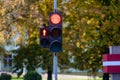 Red traffic light in semaphore closeup. Bright colored autumn background Royalty Free Stock Photo