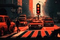 red traffic light shining on a busy street, with cars coming to a stop and pedestrians crossing Royalty Free Stock Photo