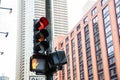 Red traffic lights for cars, office buildings background, Chicago city, Illinois