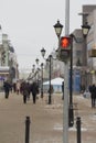 Red traffic lights on winter russian street Royalty Free Stock Photo