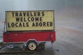 Red trailer with sign