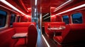 A red train car with red seats and a table. Generative AI image. Royalty Free Stock Photo