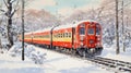 Snowy Train In Winter Watercolor Painting In The Style Of Eiichiro Oda