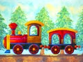 Red train retro cartoon watercolor painting travel in christmas pine tree forest illustration design hand drawing Royalty Free Stock Photo