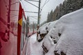Red train in the snow in swiss alps Royalty Free Stock Photo