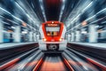 Red train speeding through modern station Royalty Free Stock Photo