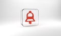 Red Train station bell icon isolated on grey background. Glass square button. 3d illustration 3D render Royalty Free Stock Photo