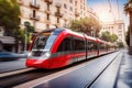 A red train traveling down tracks next to tall buildings Royalty Free Stock Photo