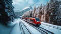 Red train travels in a valley covered by heavy snow in background on a sunny winter day Royalty Free Stock Photo