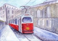Red tram in the city, snowfall in the city, christmas in the city.