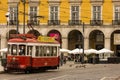 Red tram in Commerce Square. Lisbon. Portugal