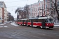 Red Tram on Moscow streets . Russia