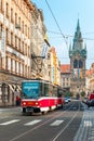 Red tram near Jindrisska Tower in Prague, Czech Royalty Free Stock Photo