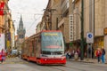 Red tram near Jindrisska Tower in Prague, Czech Royalty Free Stock Photo