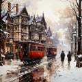 a red tram in a snowy city, with old victorian houses, winter tree, and people walking in the cold during Christmas