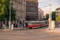 Red tramway on tram stop in Karlovo namesti in Praha Old town center