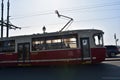 Red tramway on Troitsky bridge in Saint-Petersburg, Russia Royalty Free Stock Photo