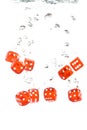 Red transparent dice falling into the water