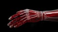 Red transparent futuristic bionic hand prosthesis with ligaments, close up. Artificial robotic prosthetic arm of the