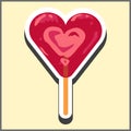 Red transparent ice cream in the shape of a heart on a stick. Illustration in the form of a sticker.