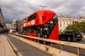 Red Transport For london Double Desker Bus Passing Anti-Terrorism Crash Barriers On Waterloo Bridge