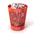 Red trash bin, full of crumpled paper. Isolated on white