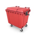 Red trash can on wheels