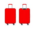 Red travel plastic suitcase with wheels realistic on white background. Vector stock illustration